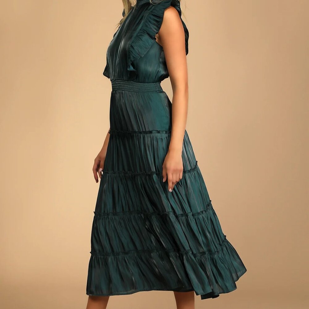 Take a Glance Emerald Green Tiered Mock Neck Midi Dress